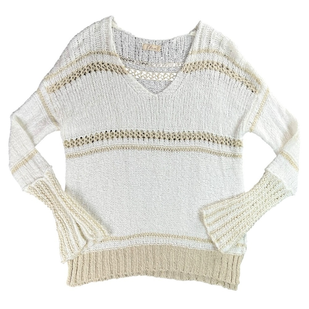 Elan Women’s Open Knit V-Neck Sweater Beige Pullover In Size Medium